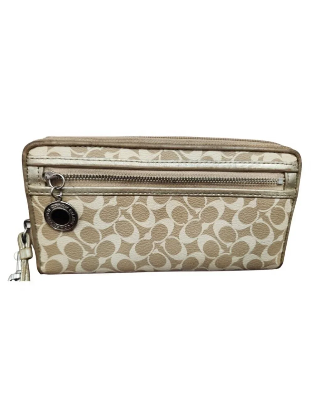 Vintage Coach Signature Zip Around Wristlet Wallet Beige Gold Monogram Clutch